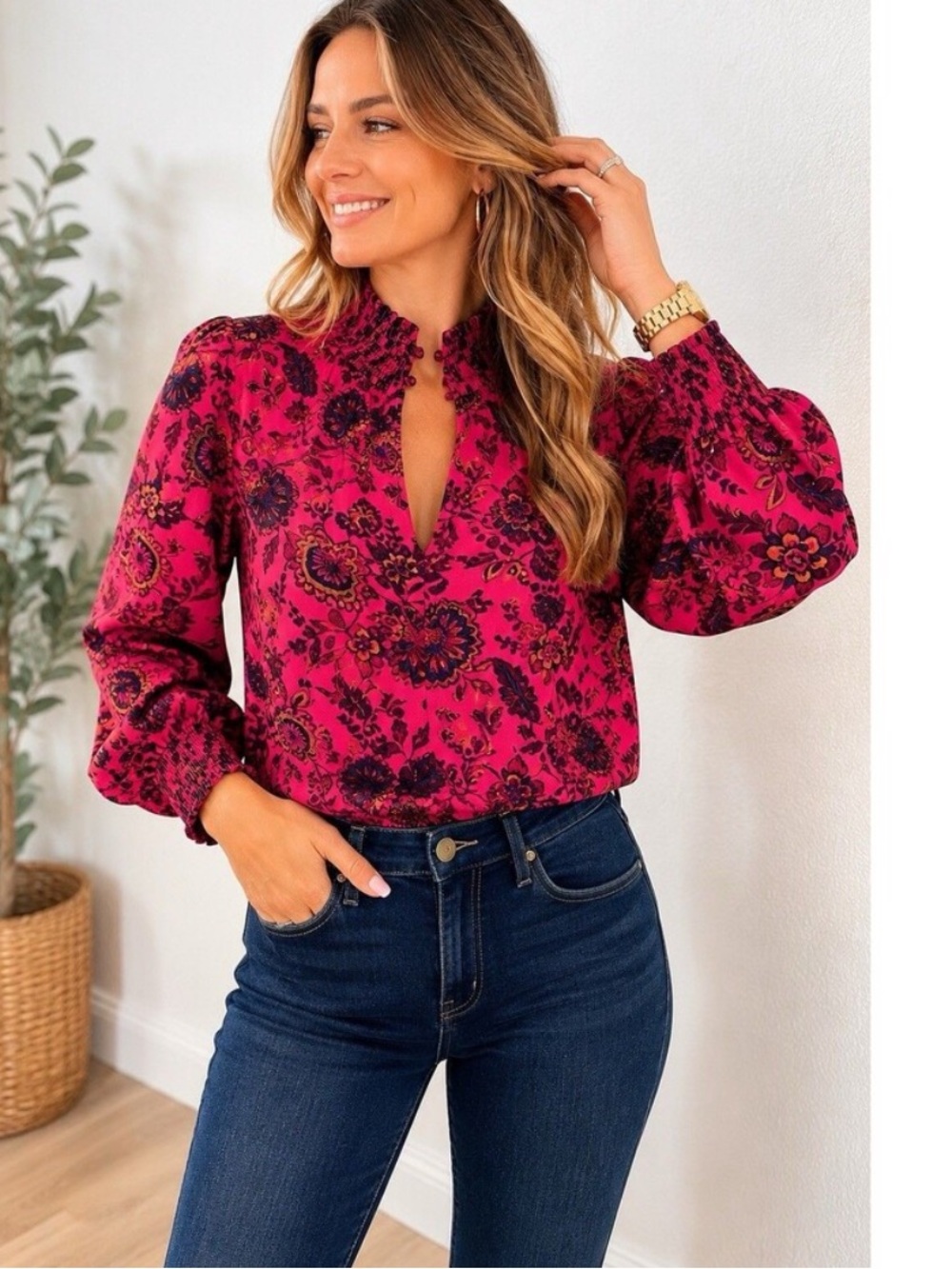 Evereve Kelsea Smock Neck Floral Satin Blouse Pink Multi Small